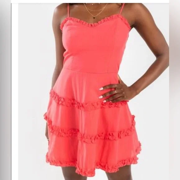 Mi Ami by Francesca’s Strappy Boho Ruffle Swing Dress Coral Pink Size Small VGUC - Picture 2 of 8